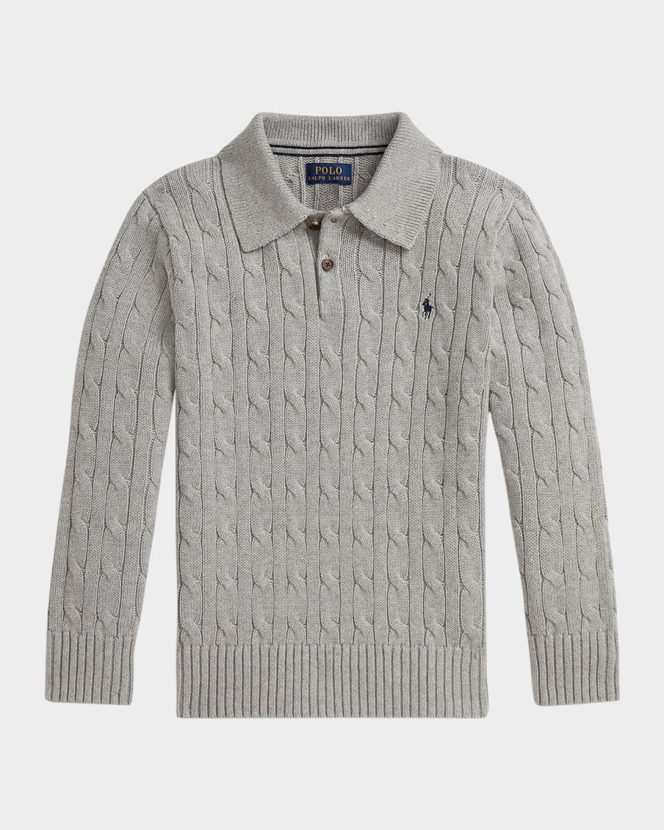 Boy's Cable-Knit Cotton Long-Sleeve Polo Sweater, Size 2-7